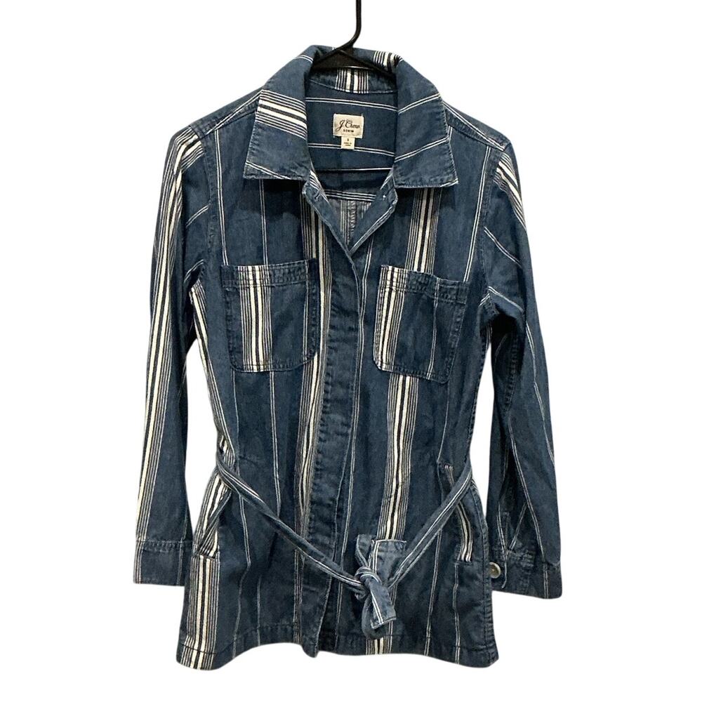 JCrew Womens Striped Belted Denim Jacket Size S Preppy Spring Lightweight Blazer